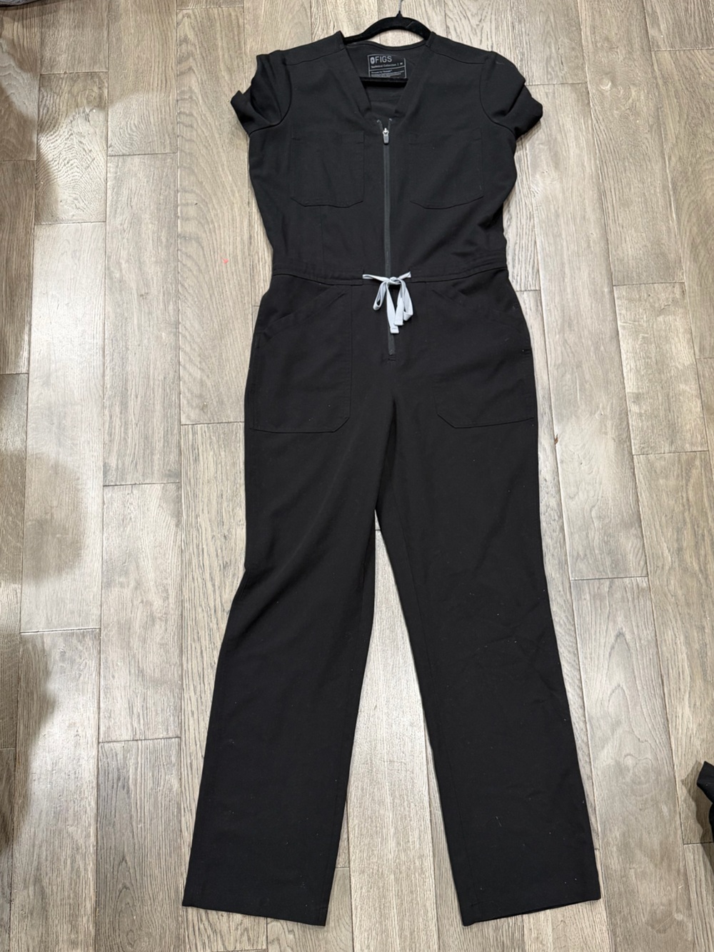 Figs Black Scrub Jumpsuit with Gray Drawstring